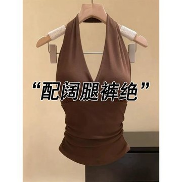 辣妹性感掛脖露背咖色吊帶背心女夏季新款帶胸墊外穿內搭修身上衣