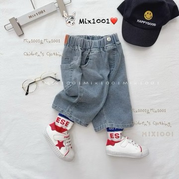 🌈✨mix1001 復古刷色 後皮標牛仔褲✨兒童簡單雪花牛仔短褲5-17