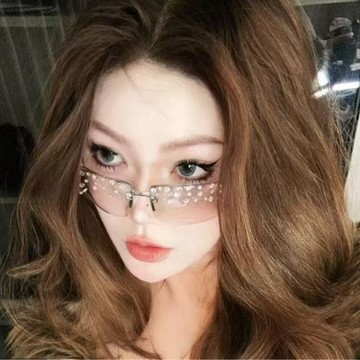 新款Y2K千禧朋克無框鑲鉆太陽鏡時尚辣妹拍照墨鏡女防曬大臉顯瘦