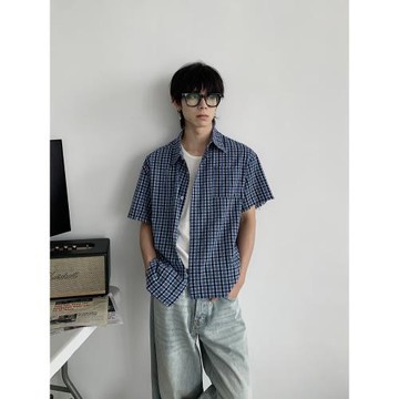 MASONSOUL 美式復古格子格紋短袖襯衫襯衣男高級感夏季痞帥潮上衣