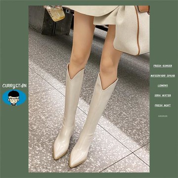 怪蜀黍白色高筒騎士靴女2024秋冬尖頭高跟長靴瘦腿爆款v口長筒靴