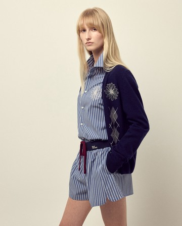 MARDI MERCREDI 牛津條紋襯衫 海軍藍 經典小雛菊 刺繡 象白花 COTTON SHIRT STRIPE