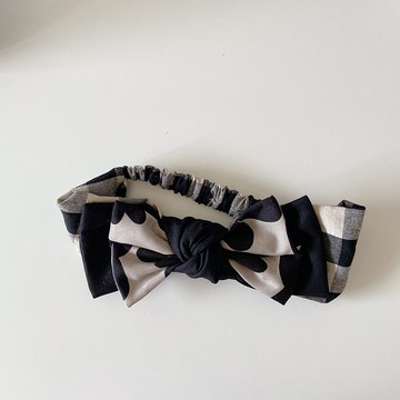 花間 日系 拼接 黑色 格紋 雙層蝴蝶扭結髮帶 ggoomstudio