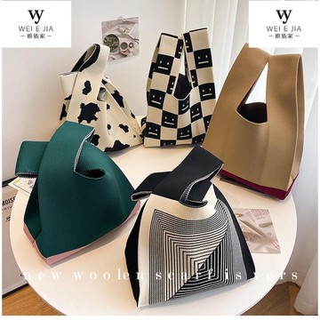 【唯家】時尚針織手提包 都市簡約手提包 小眾設計女編織包包 針織包 多巴胺包包 撞色包 水桶包 新款百搭個性性感潮包 i