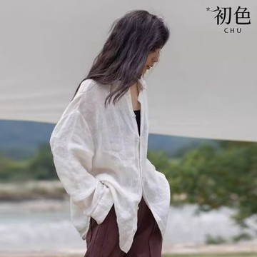 初色 慵懶棉麻風寬鬆薄款翻領長袖大襯衫上衣女上衣-白色-19024(M-2XL可選)
