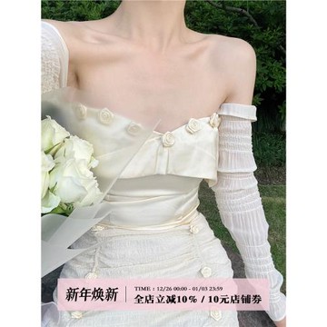 sorozien芍子原創法式一字肩袖套抹胸上衣女修身顯瘦獨特設計感