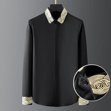 歐美潮牌春秋高端宮廷風重磅刺繡修身長袖襯衫男商務休閑宴會襯衣