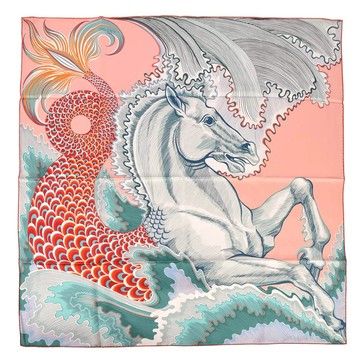 HERMES Cheval Sirene人魚馬雙面用斜紋真絲方巾90cm(玫粉/湖綠)370073｜GoBrand購名牌