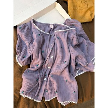 日系ins風甜美蕾絲紫色鬱金香睡衣 女夏季新款短袖短褲家居服套裝 紫色氣質兩件套睡衣 夏季短袖短褲睡衣套裝 7H