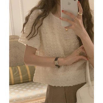 法式復古氣質寬松百搭短袖圓領泡泡袖褶皺短款雪紡衫襯衫上衣女夏
