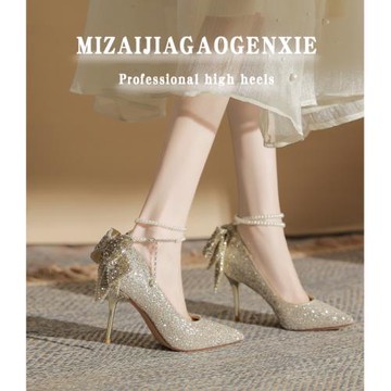 瞇仔家 蝴蝶結水晶高跟鞋婚鞋女2025新款細跟高級感伴娘鞋香檳色