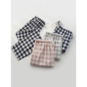 日式簡約格子珠家美緒睡褲男女春秋季純棉針織休閑長褲情侶家居褲