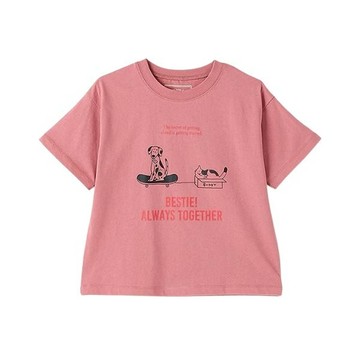 日本 petit main - 100%棉 幽默印花短袖上衣-狗狗＆貓咪-粉紅