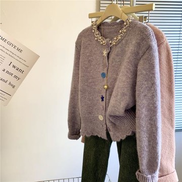 溫柔風手工釘珠圓領毛衣外套女秋冬獨特設計感上衣超好看針織開衫