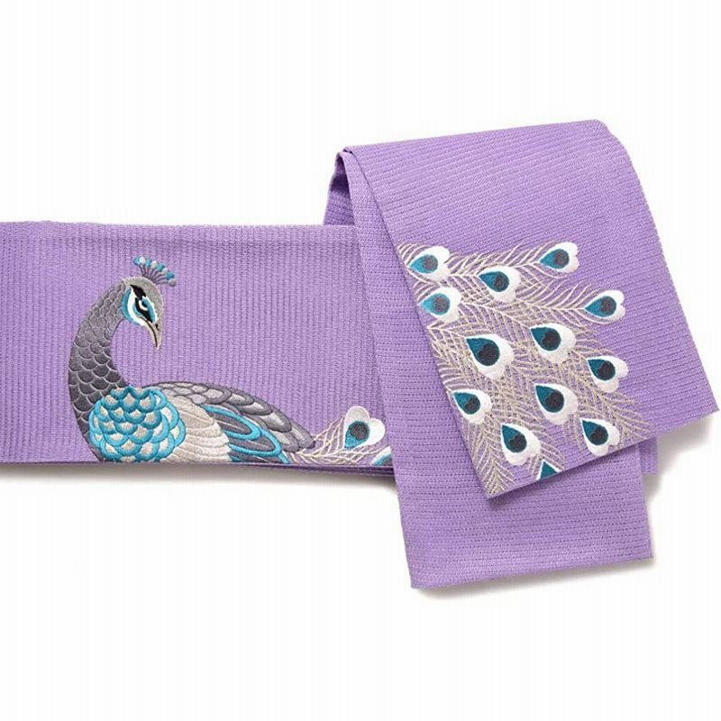 メール便可 2セットまで dear-japan 撫松庵 半幅帯 絽 孔雀 紫 刺繍 夏帯 細帯 通販