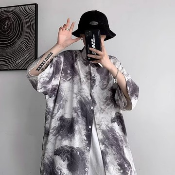 【老林】暈染風短袖襯衫 夏天開衫短袖 M-8XL大尺碼襯衫 襯衫chic襯衣女夏 痞帥花襯衫男潮流夏威夷沙灘襯衣 五①⑦