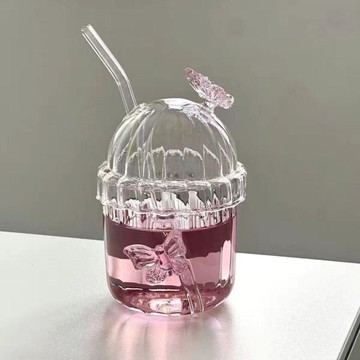 新品促銷價小紅爆款粉色蝴蝶玻璃杯可愛嘟嘟杯個性水杯居家果汁杯子精緻水杯夏日果飲 大容量 居家聚會下午茶自製飲實用容器