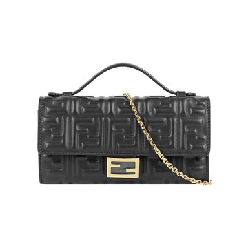 FENDI Baguette FF 浮雕小羊皮二用鍊包(黑色)