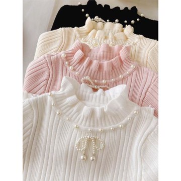 女童毛衣打底衫套頭半高領長袖純色春秋款2025寶寶花邊領毛衫甜美