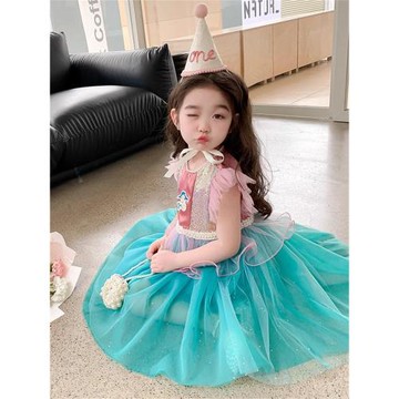 女童夏季新款連衣裙寶寶洋氣公主裙子小童美人魚珍珠紗裙兒童演出