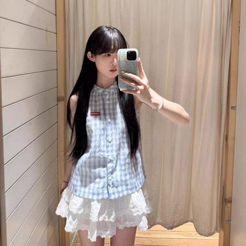 藍色格子襯衫女2025夏季新款無袖法式絕美上衣高級感別緻漂亮小衫短袖襯衫 小飛袖襯衫 襯衫上衣 小清新襯衣 短襯衫 韓系