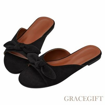 【Grace Gift】日雜女孩絨面蝴蝶結寬帶平底拖鞋 黑