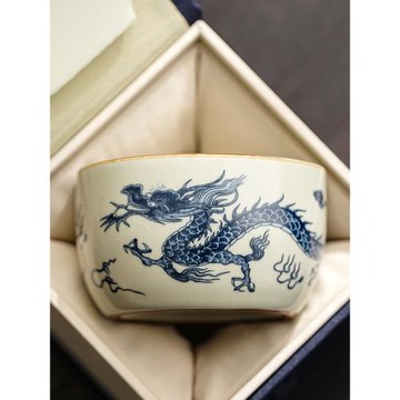 汝窯開片元青花龍紋直邊杯陶瓷功夫茶具品茗杯主人杯復古家用茶杯