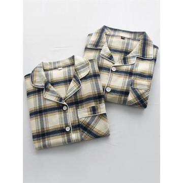 日式格子睡衣男女春秋冬季純棉磨毛絨布寬松長袖情侶家居服套裝