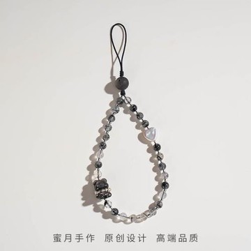 天然黑發晶手機鏈繩串珠銀曜石可愛小熊新中式手機掛繩女款掛手腕