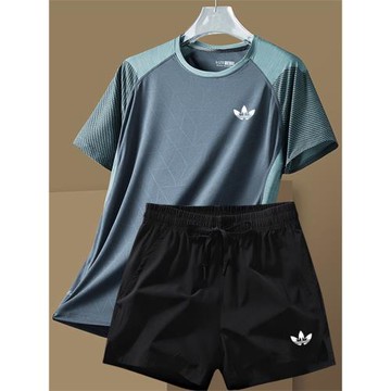 奧特萊|撤柜秒殺|冰絲速干運動套裝男夏季圓領T恤短褲寬松休閑套