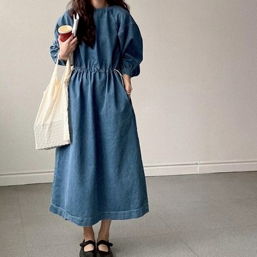 白鳥麗子 [現貨快出] 連身裙 慵懶丹寧抽繩收腰側口袋落肩圓領長袖洋裝