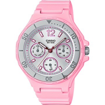 CASIO 卡西歐 迷你運動風日曆女錶 1212購物節 送禮推薦-銀圈x粉紅 LRW-250H-4A2 / 考試錶