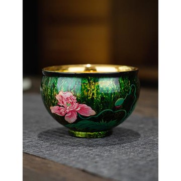 吾和漆器茶具 福州大漆手繪荷花飄漆主人杯 內壁24K金菩提葉茶杯