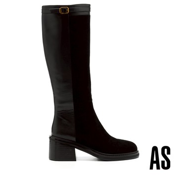 AS 個性時尚金屬釦繫帶異材質高跟長靴－黑