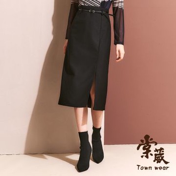 【TOWNWEAR棠葳】簡約開衩素面中長裙-附腰帶(中大尺碼/女下身/女下著/素色/腰頭彈性/上班族)