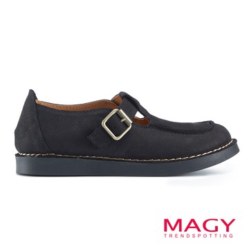 MAGY 復古車線Ｔ字真皮休閒鞋 黑色 #15850