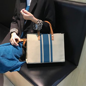 韓版女士手提公文包職業通勤條紋單肩斜跨大包包ins大容量帆布包