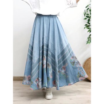高端印花牛仔裙淺藍色牛仔半身裙女磨破拼接設計感大擺長裙舞蹈裙
