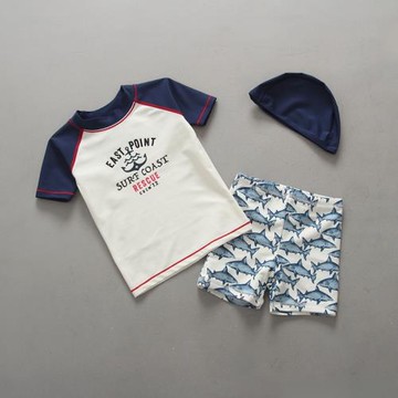 韓國兒童泳衣男童鯊魚泳衣褲套裝男孩小童寶寶防曬游泳衣韓版帶帽