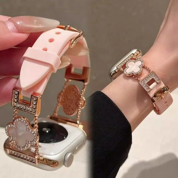 夏季硅膠閃鑽四葉草錶帶 適用於Apple watch11錶帶 iwatch錶帶 全系列通用錶帶 當季錶帶