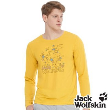 【Jack wolfskin 飛狼】男 涼感圓領長袖排汗衣｜爬山趣印花T恤『琥珀黃』