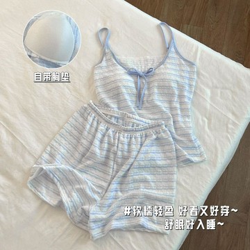 可愛藍色條紋印花夏季少女短袖短褲帶胸墊新款家居服兩件套可外穿夏季短袖睡衣女生睡衣帶胸墊睡衣加大碼睡衣韓版睡衣