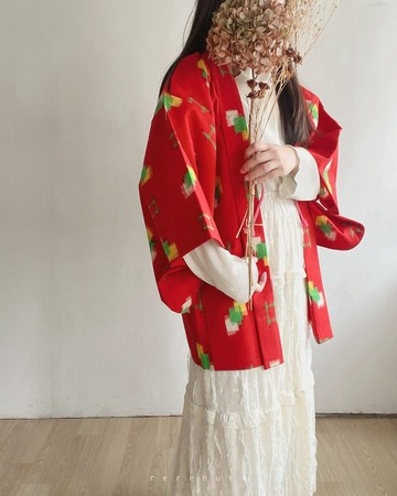 日本製和風幾何印花紅色古著羽織和服外套