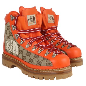 GUCCI 古馳 ×The North Face 橘色真皮緹花布女筒靴鞋(38號)
