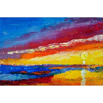 Sea Sunset Original Oil Painting, Abstract Seascape Wall Art, Mini Artwork, 手工油畫