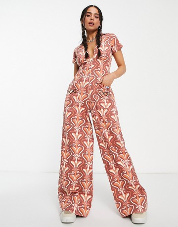 ASOS DESIGN twill collar jumpsuit with wide leg in retro swirl print-Multi
