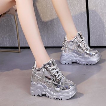 震地王新款春秋季歐美厚底內增高休閑單鞋女超高跟12CM時尚潮鞋