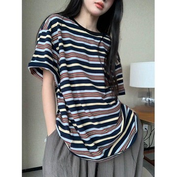 條紋上衣 寬鬆上衣 短袖 寬鬆T恤 美式復古圓領條紋短袖t恤女夏季新款潮流寬鬆oversize學生上衣