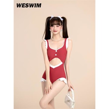 泳衣女生小胸性感顯身材連體比基尼2023夏水上樂園沖浪溫泉樹莓紅