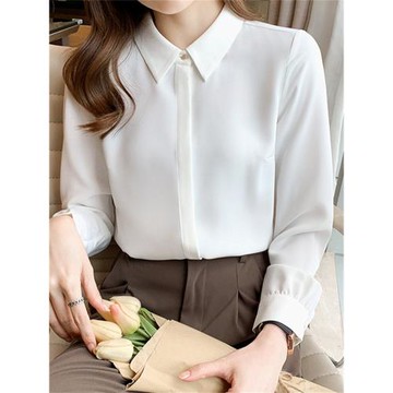春秋新款高端復古緞面白襯衫女士設計感長袖上衣職業氣質雪紡襯衣